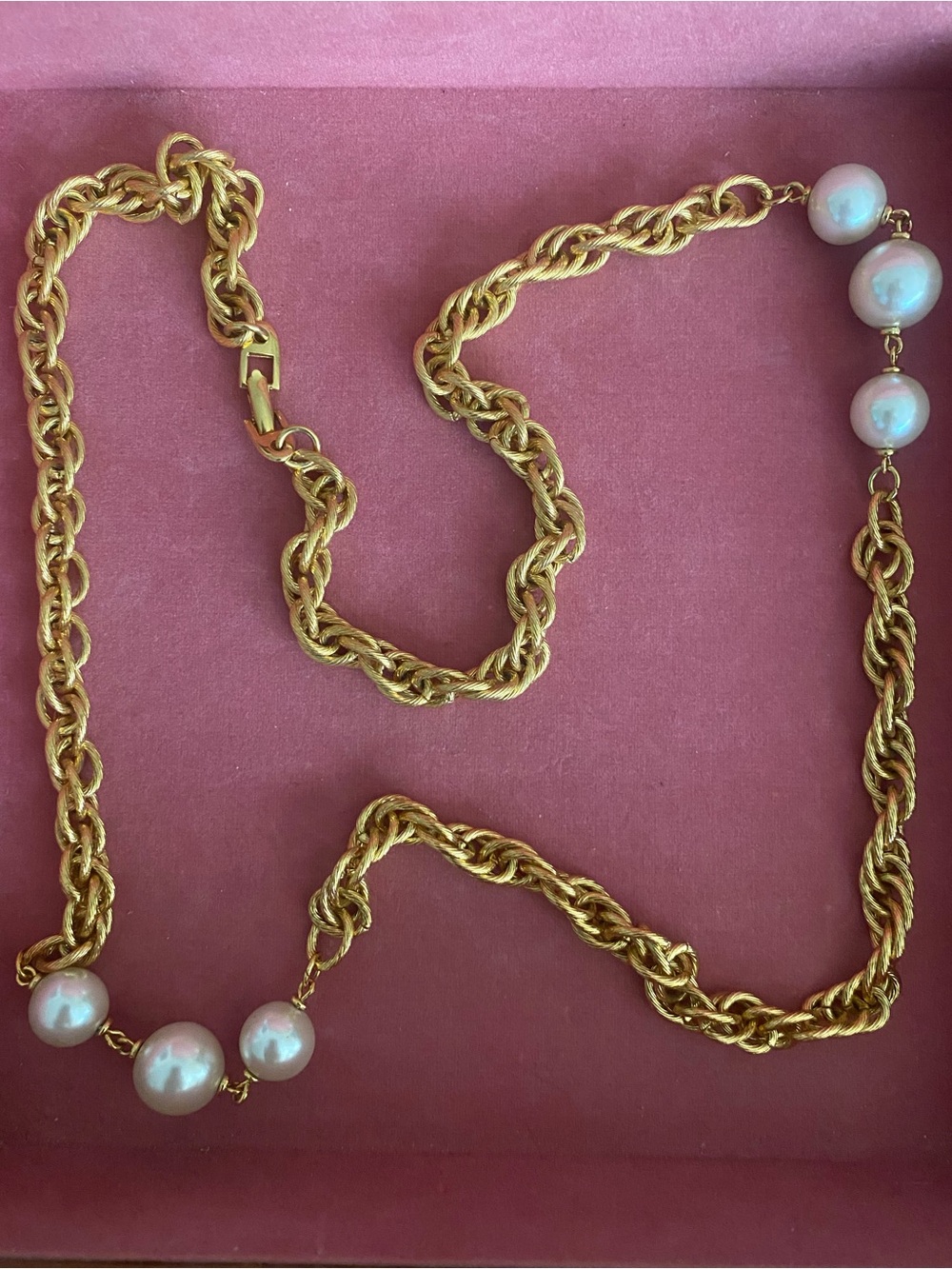 Vintage 80s Double Link Twisted Rope Gold Chain Necklace with Pearls - Napier
